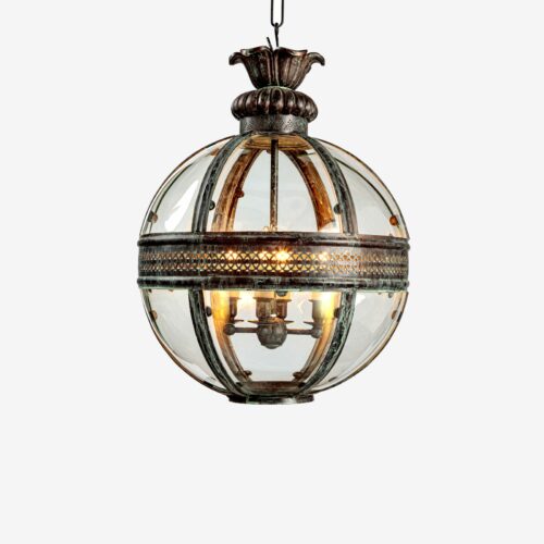 hanging globe lantern - brass with a verdigris finish