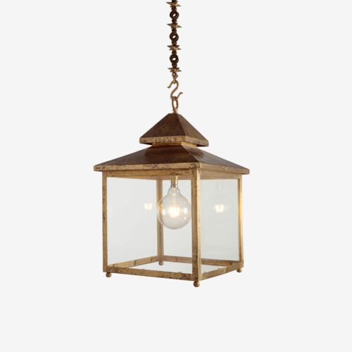 square hanging lantern in brass with clear glass - ideal for hallways, covered porches