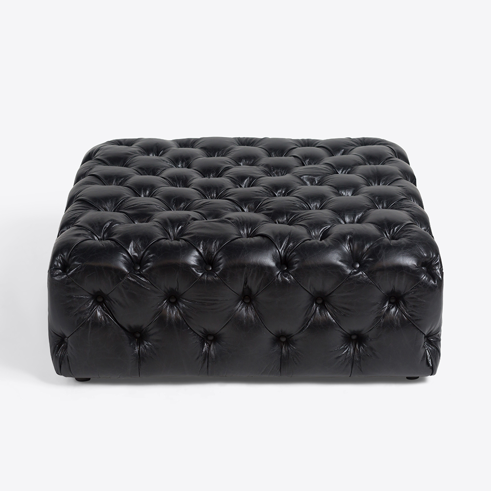 Tank Black Buttoned Leather Ottoman