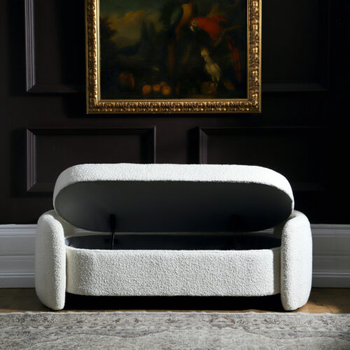 boucle upholstered white storage bench