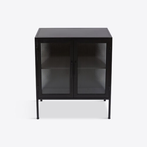 black metal cabinet with fluted glass