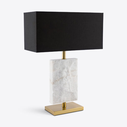 Val-d’Isère table lamp natural quartz base on a brass stand, topped with a neat, rectangular fabric