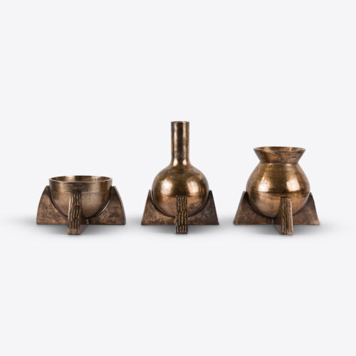 mid-century objet - set of 3 antique brass pots and vases
