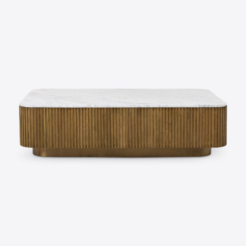 Atticus rectangular natural oak coffee table fluted with Carrara white marble