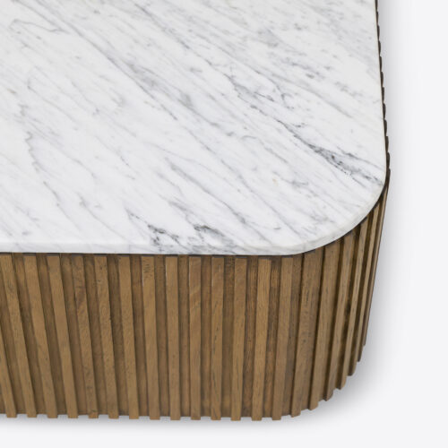 Atticus rectangular natural oak coffee table fluted with Carrara white marble