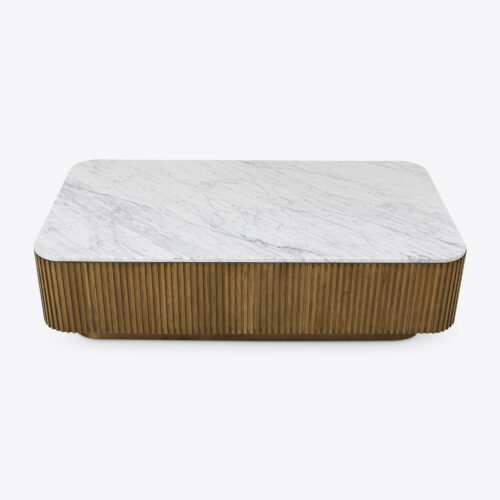 Atticus rectangular natural oak coffee table fluted with Carrara white marble