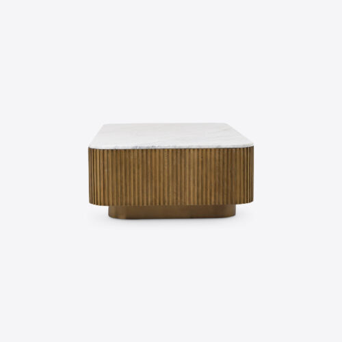 Atticus rectangular natural oak coffee table fluted with Carrara white marble