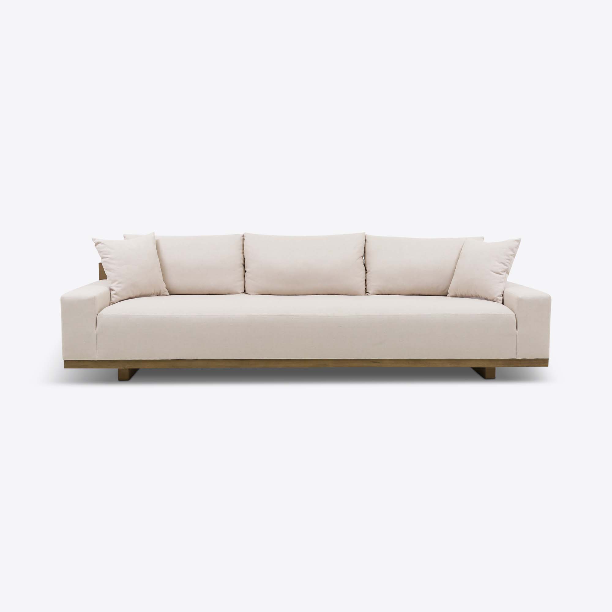 Bondi three seater sofa in linen with wooden back panel